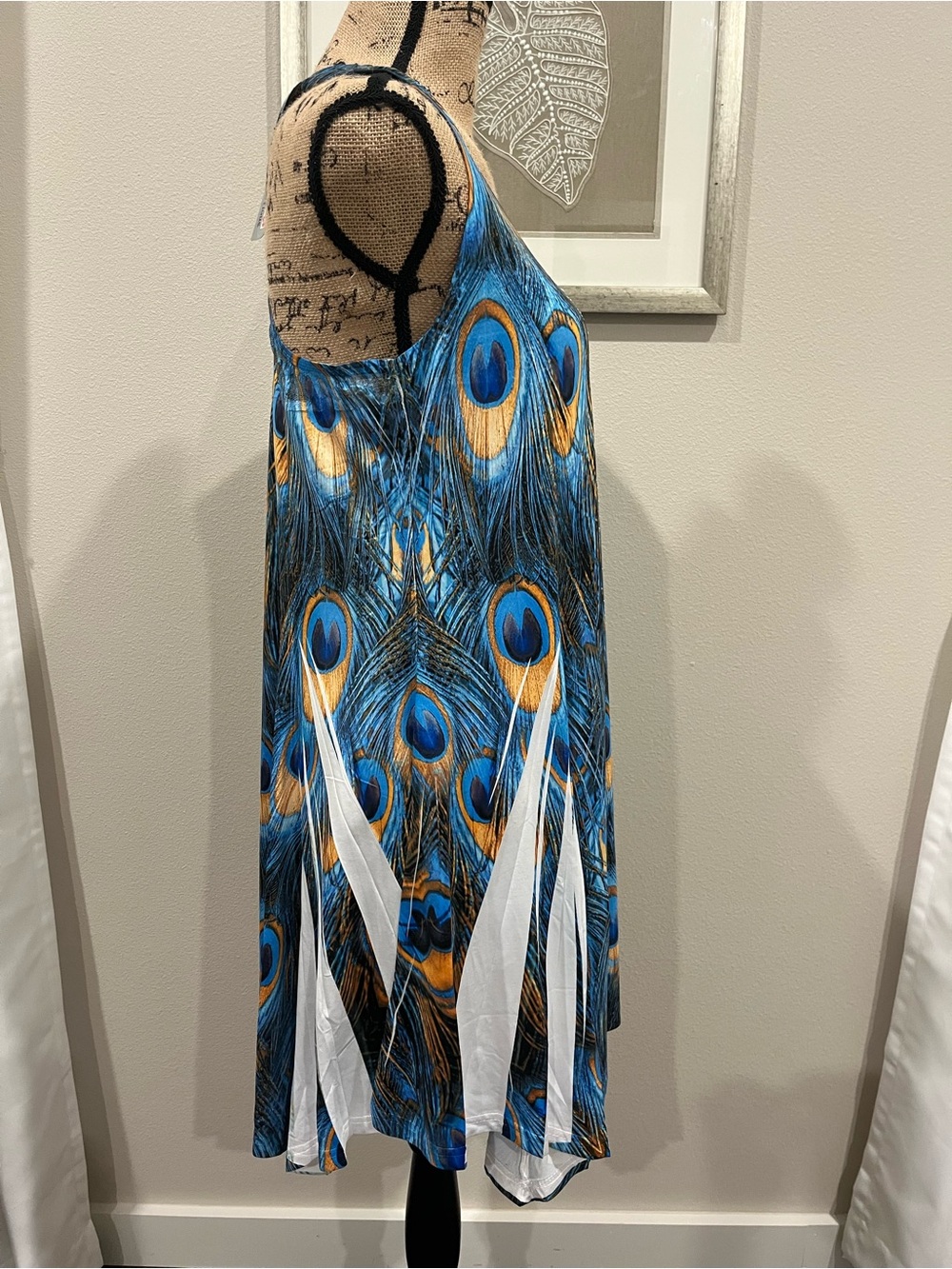 NWT India Boutique Blue Peacock Feather Embellished Asymmetric Hem Tank Dress OS - Picture 3 of 8